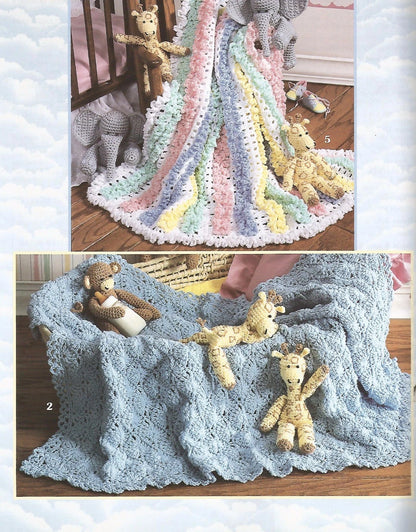Knitted baby blankets with stuffed animals on a wooden floor.