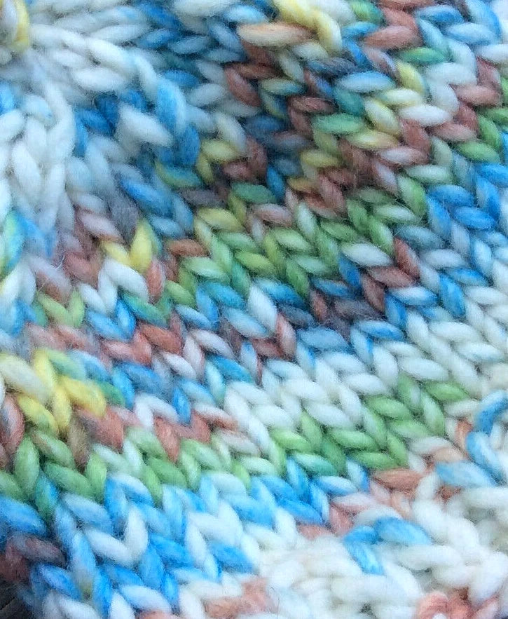 Close-up of multicolored yarn with a herringbone pattern