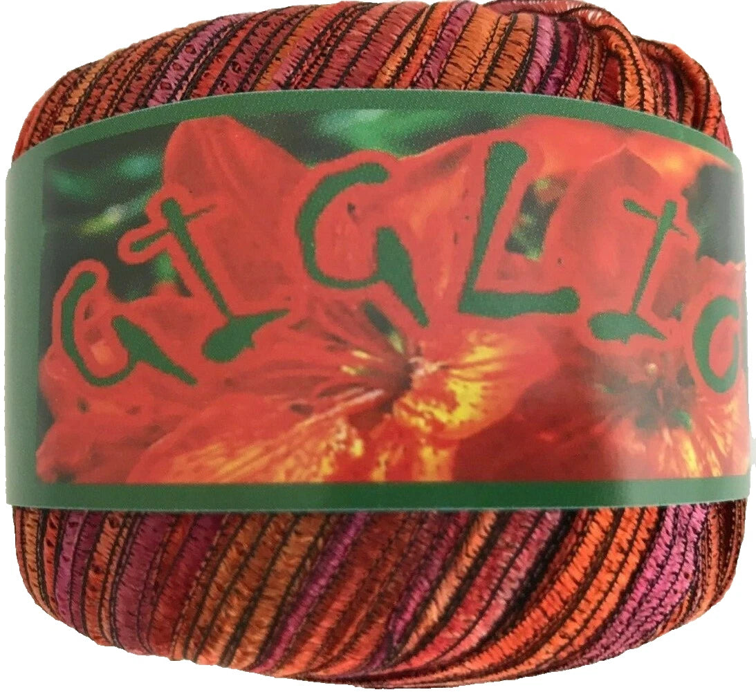 Multicolored yarn ball with a floral design and 'LGL' branding on a white background