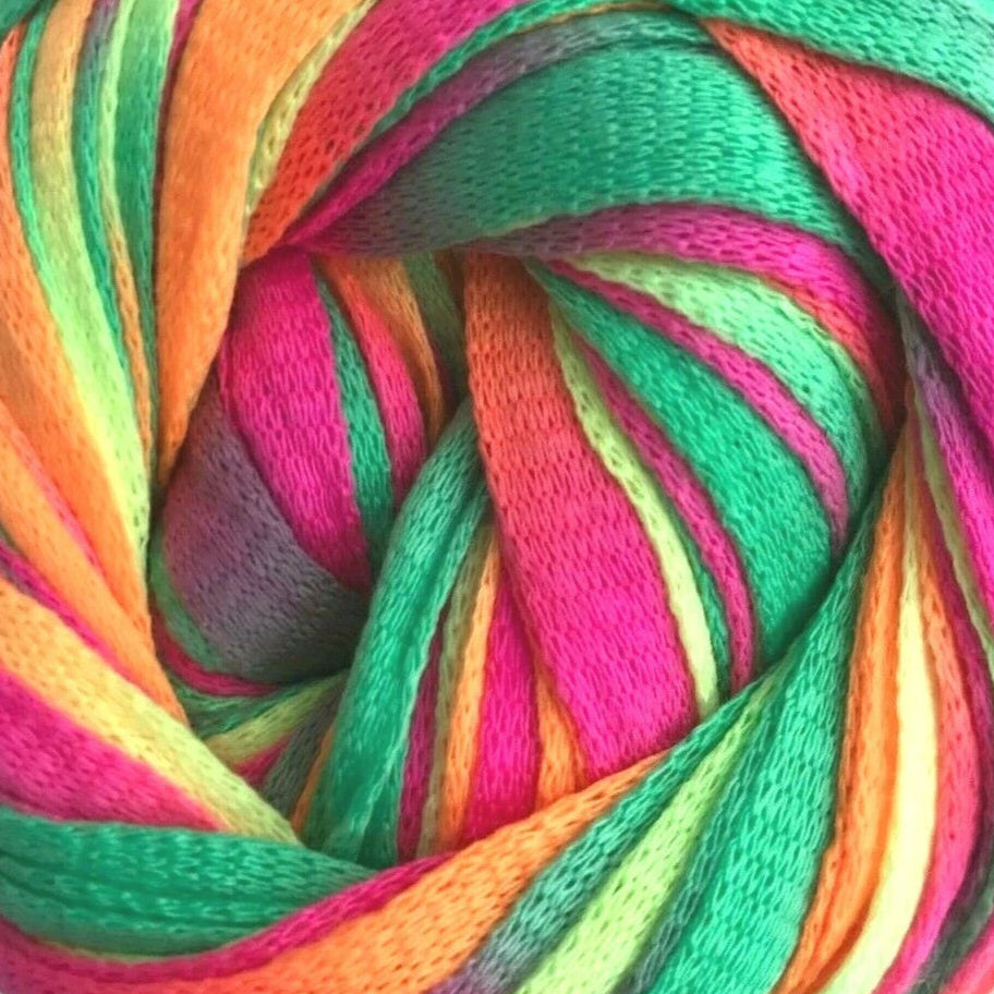 Colorful skein of yarn with a vibrant mix of pink, green, orange, and yellow on a white background.
