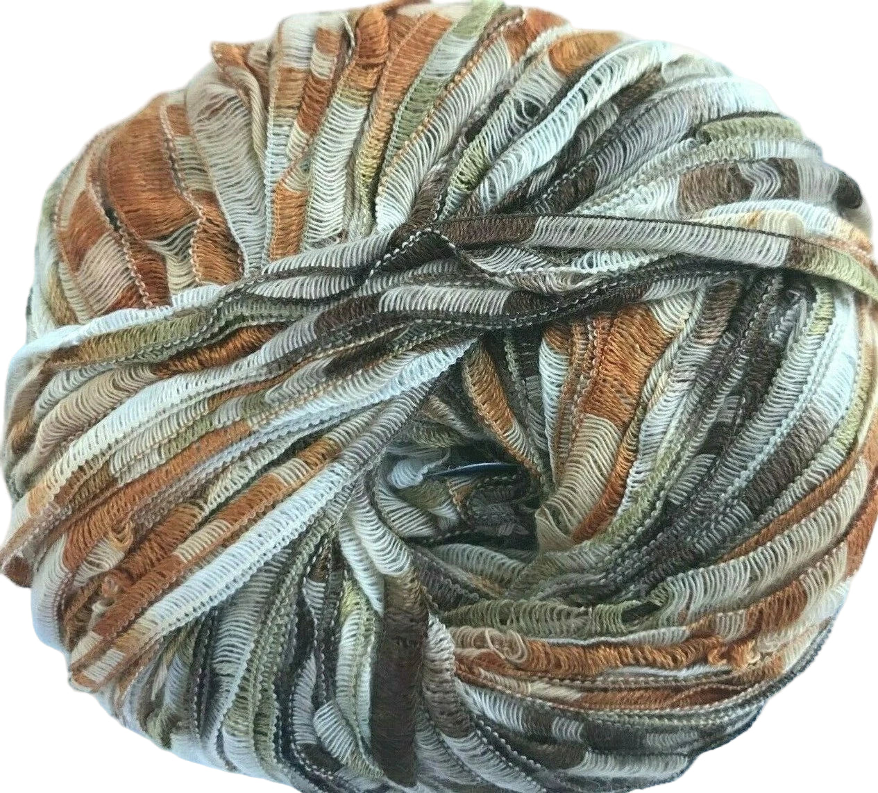 Multicolored skein of yarn on a light blue background