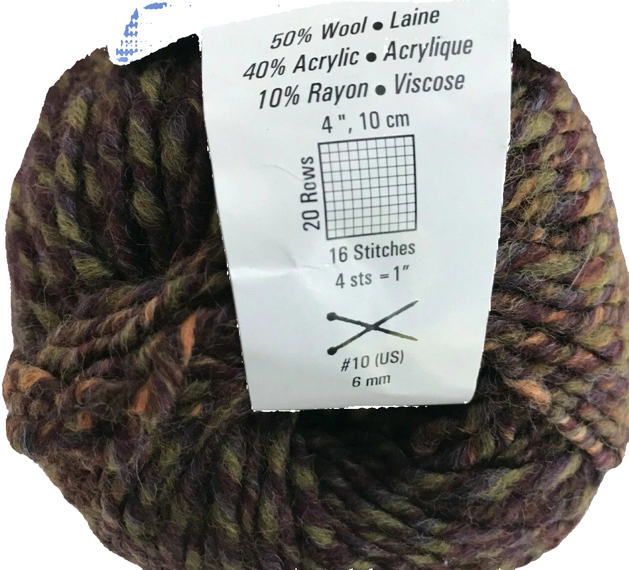 Ball of yarn with a label showing fiber content and knitting information on a white background