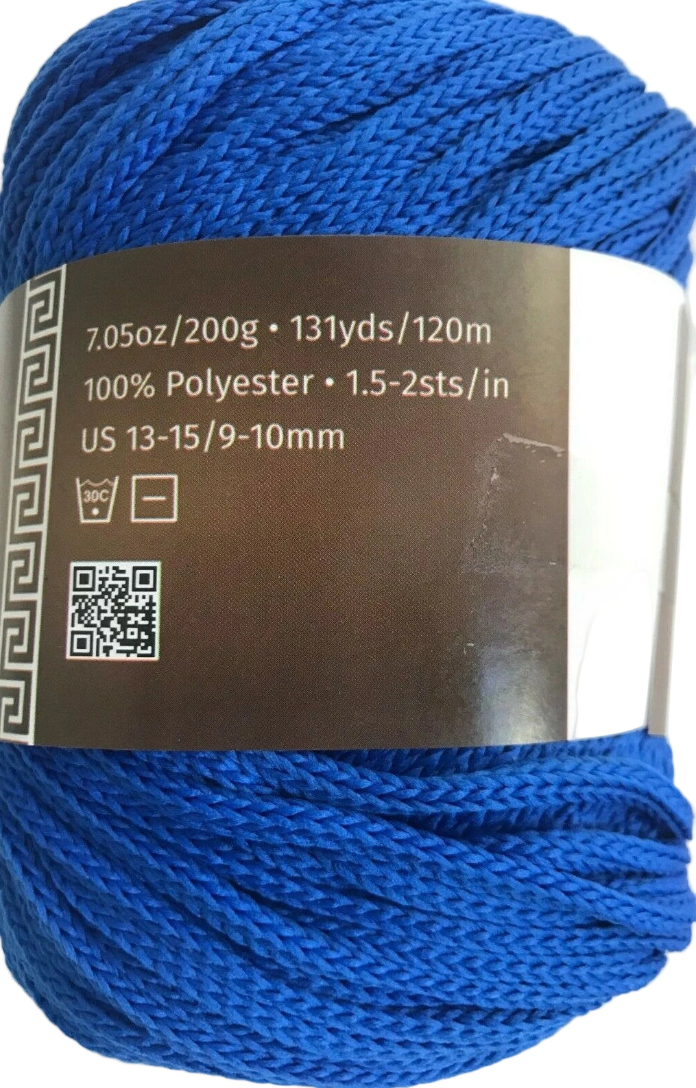 Blue yarn ball with a label on a white background