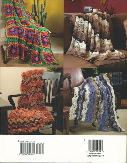 Four different crochet blankets displayed in various settings.
