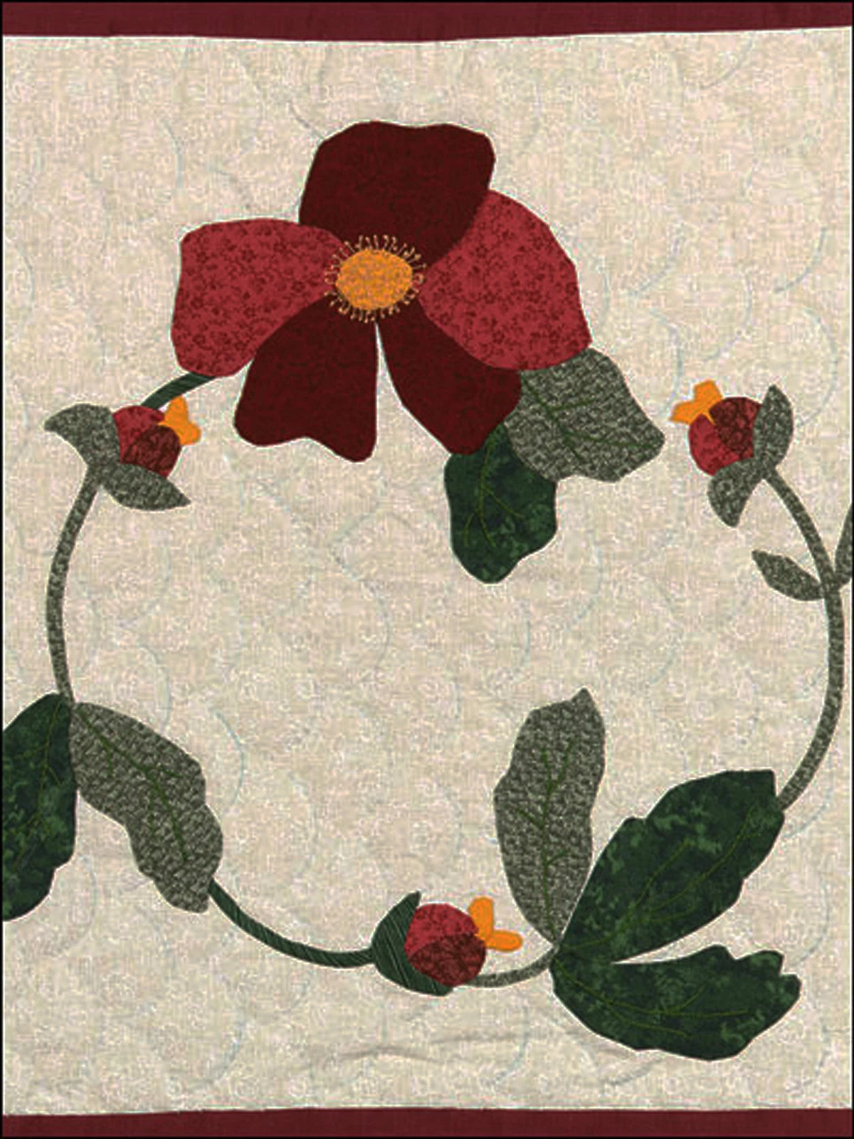Floral quilt pattern with red flowers and green leaves on a beige background
