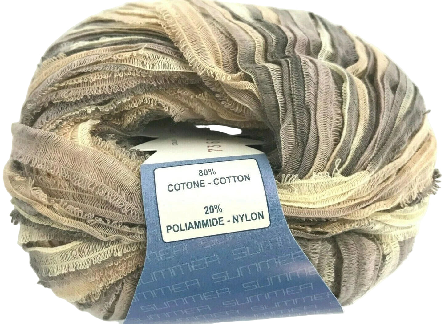 Ball of yarn with a label indicating fiber content on a white background