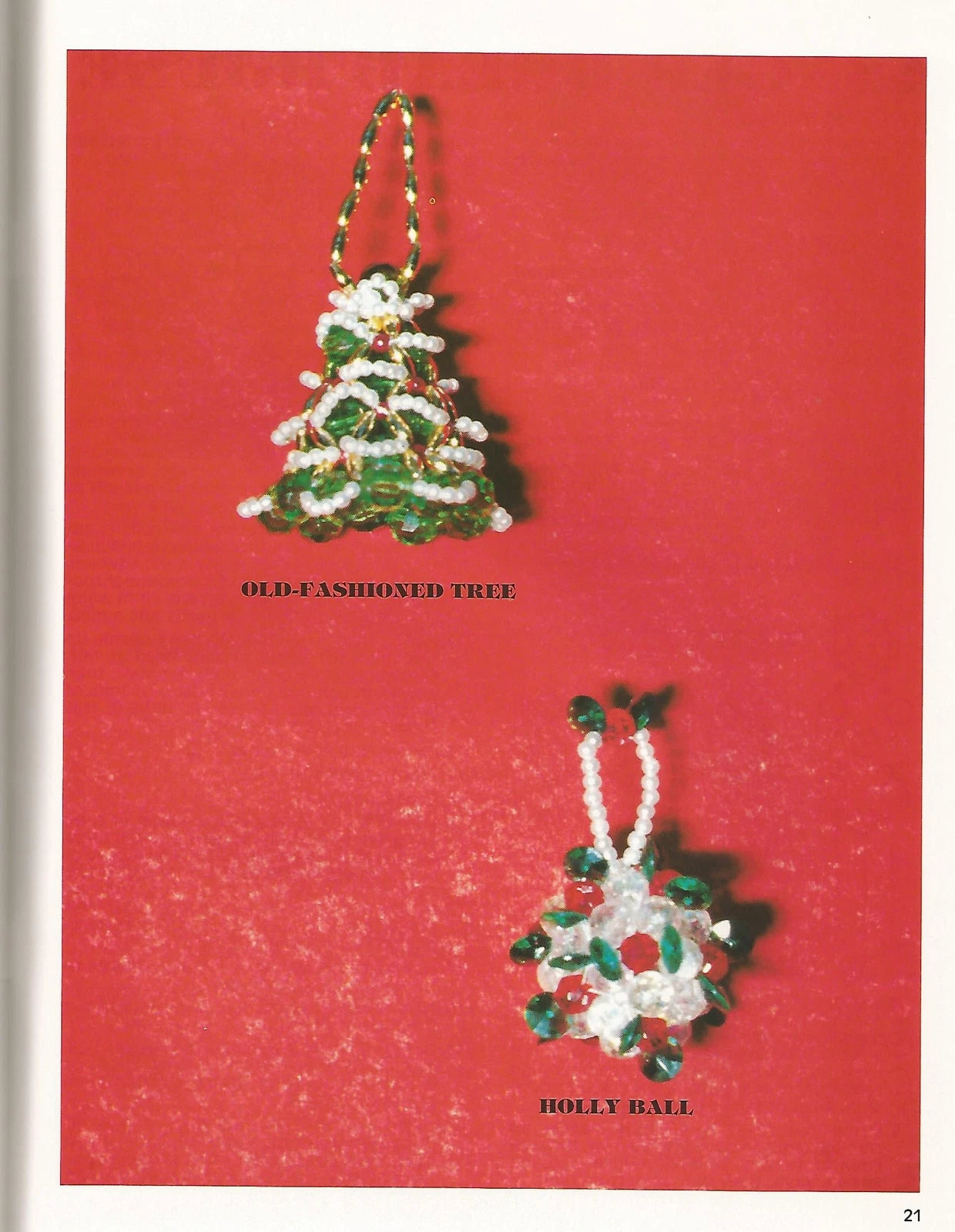 Two Christmas-themed decorations on a red background with text labels.