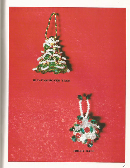 Two Christmas-themed decorations on a red background with text labels.