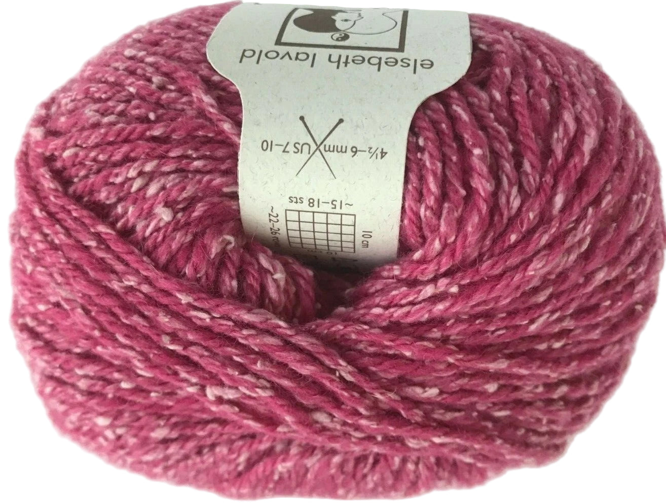 Pink yarn ball with a label on a white background