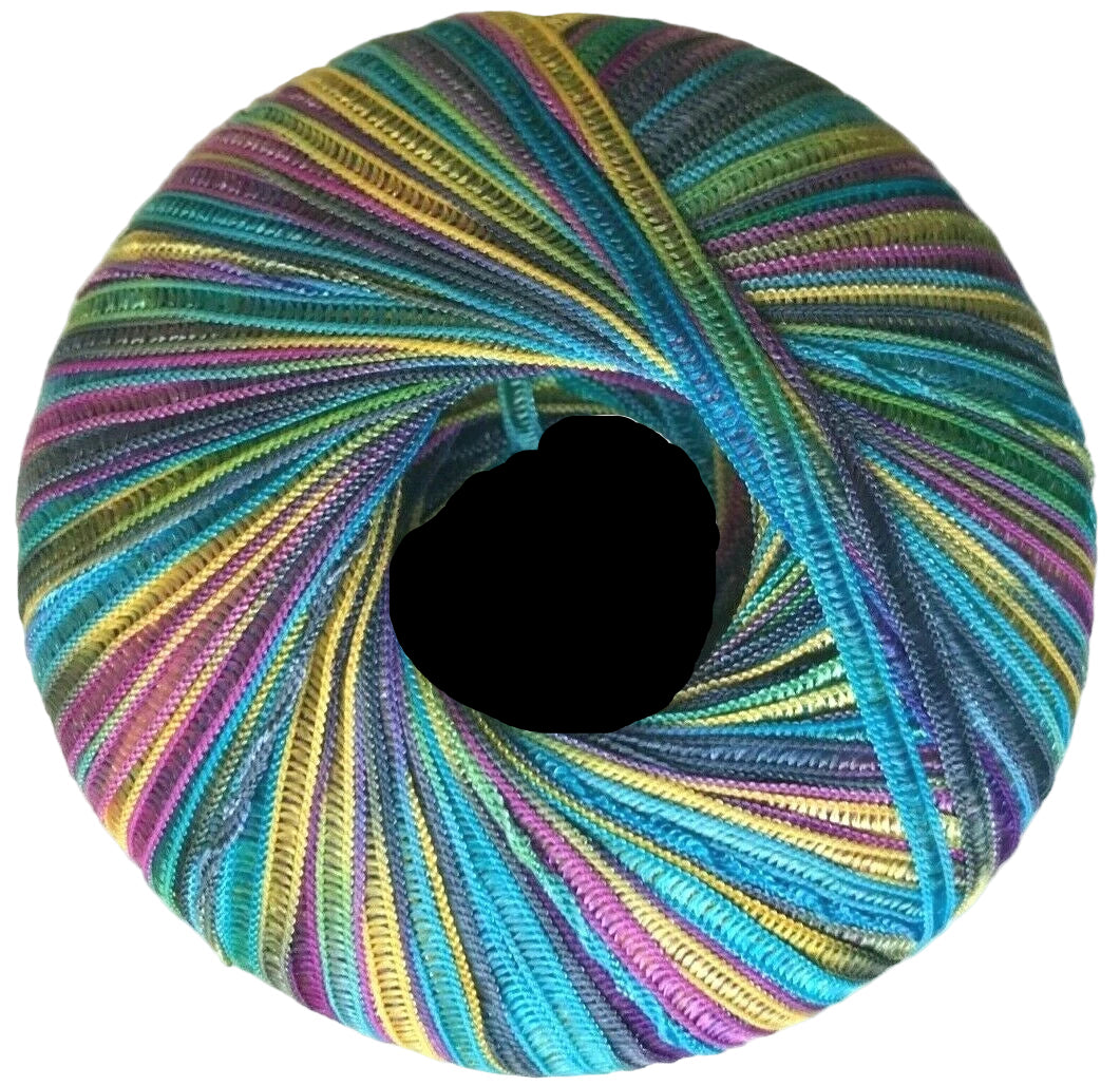 Colorful yarn ball with a spiral pattern on a white background