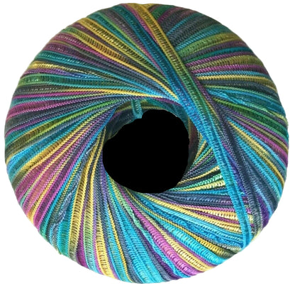 Colorful yarn ball with a spiral pattern on a white background