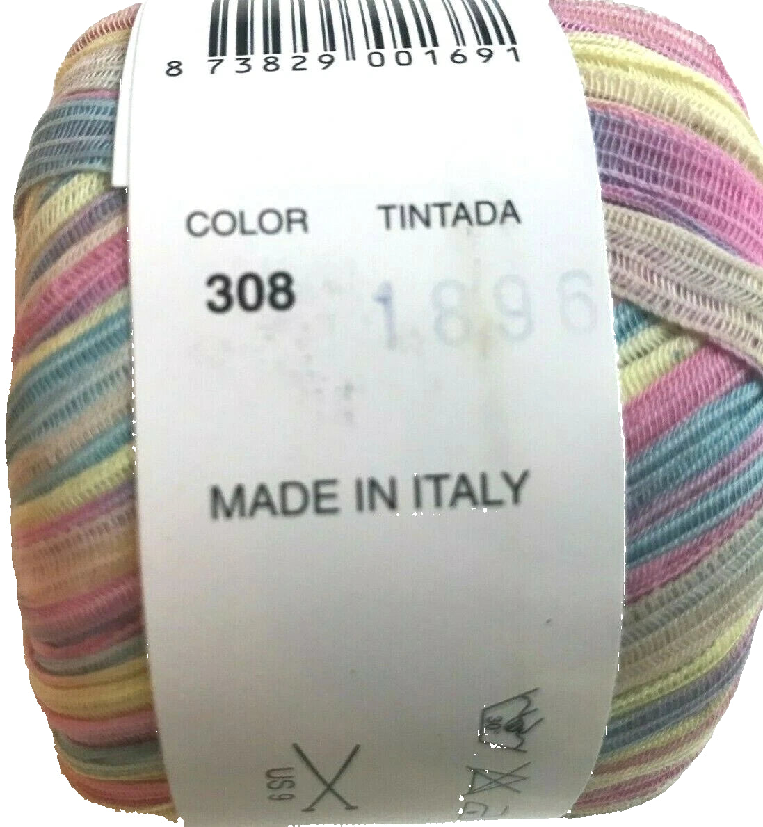 Multicolored yarn ball with a label indicating 'Made in Italy' on a white background