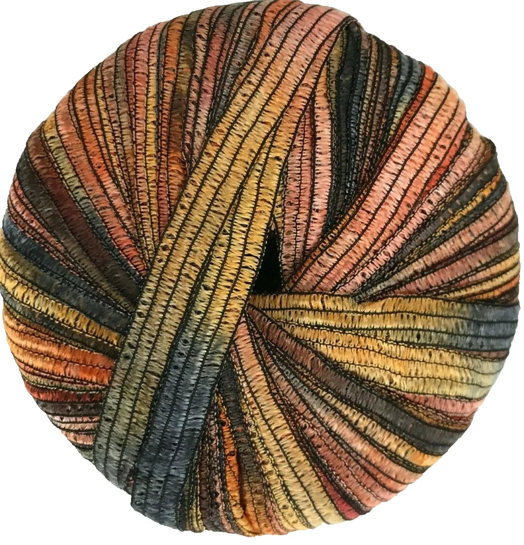Multicolored yarn ball with earthy tones on a white background