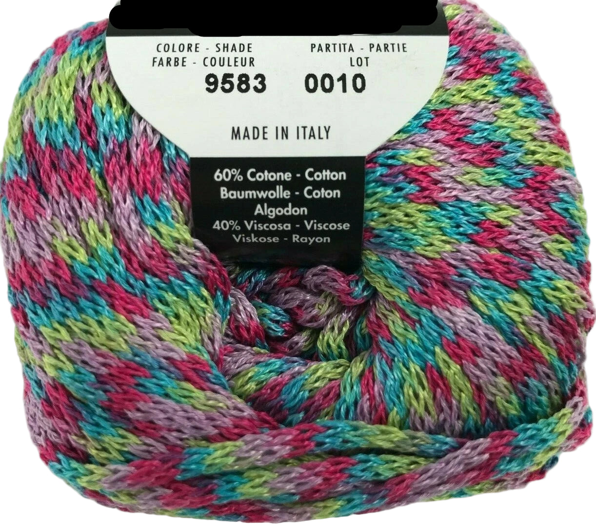 Multicolored yarn skein with label on a white background
