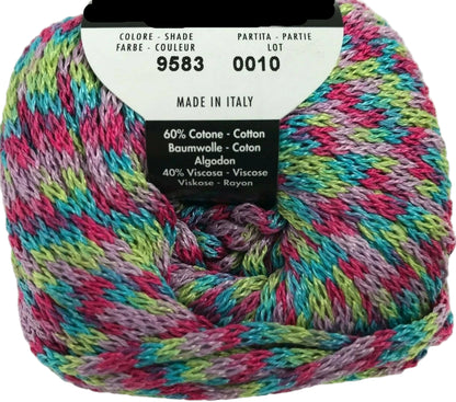 Multicolored yarn skein with label on a white background