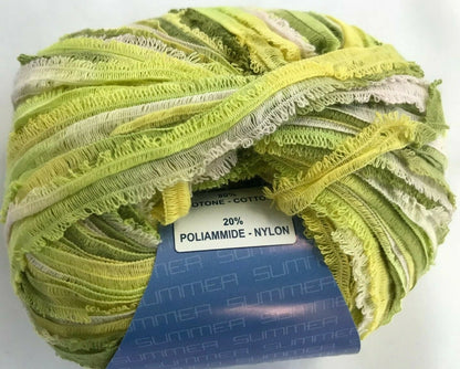 Ball of green yarn with a label on a white background