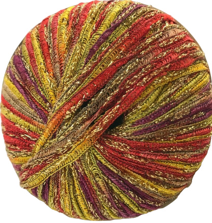 Multicolored yarn ball with red, yellow, and gold tones on a white background
