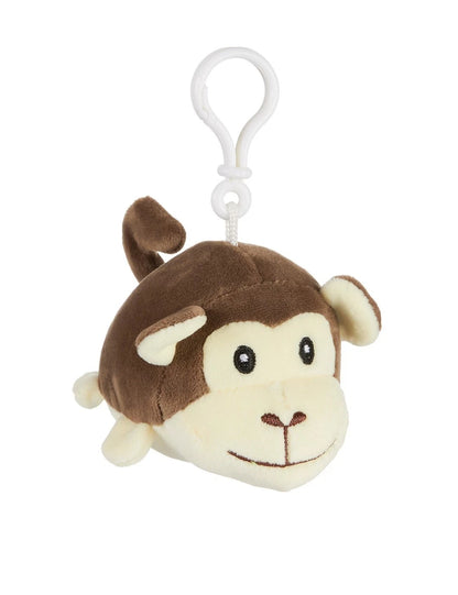 Plush monkey toy with a clip on a white background