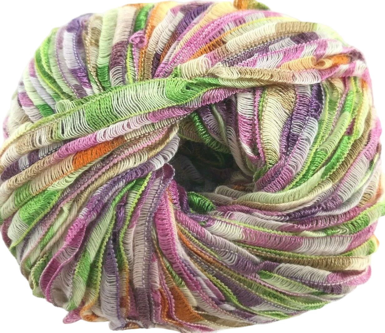 Multicolored skein of yarn on a white background