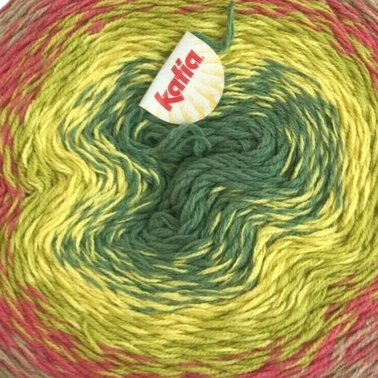 Multicolored yarn ball with a Kintia label on a white background