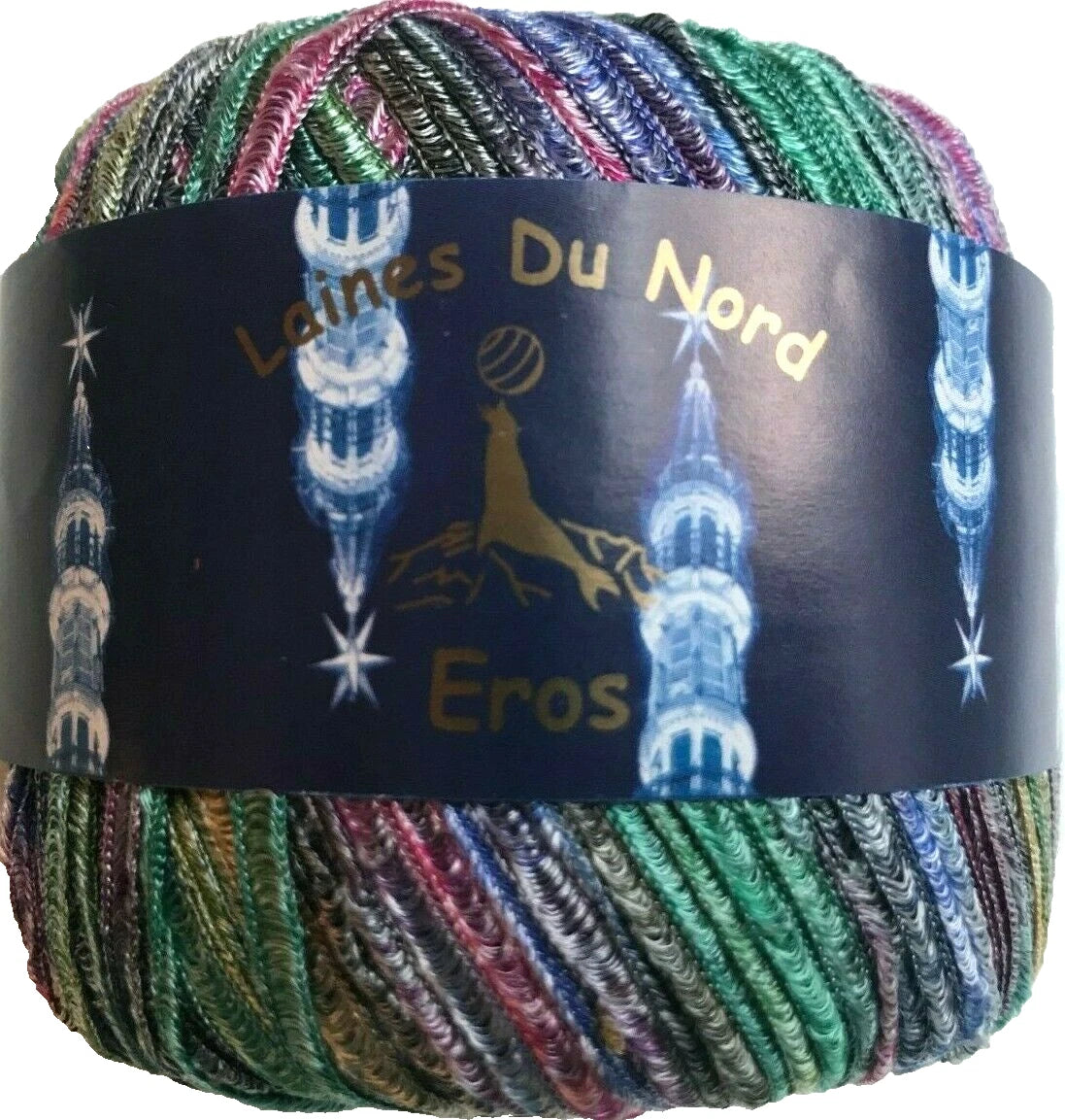 Multicolored yarn ball with 'Laines Du Nord Eros' label on a white background
