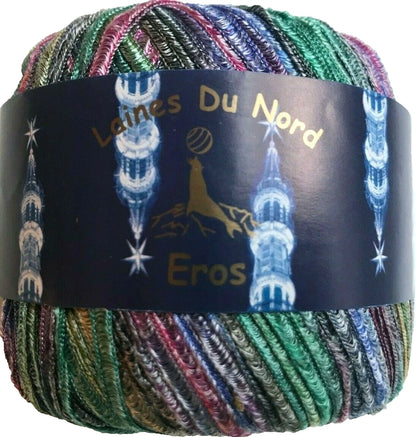 Multicolored yarn ball with 'Laines Du Nord Eros' label on a white background