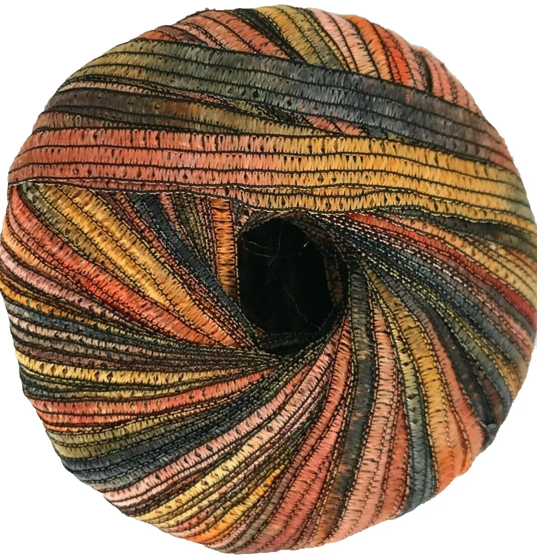 Multicolored yarn ball with a spiral pattern on a white background