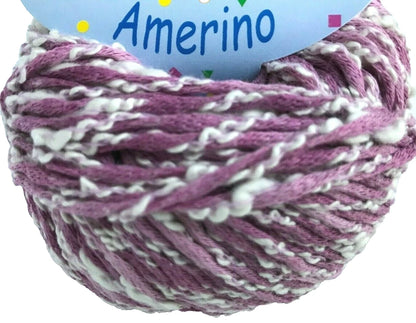 Ball of pink and white yarn with 'Amerino' label on a white background