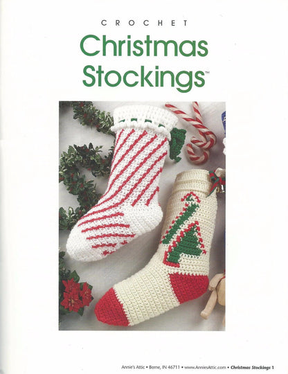 Crochet Christmas Stockings book cover with two stockings and festive decorations.