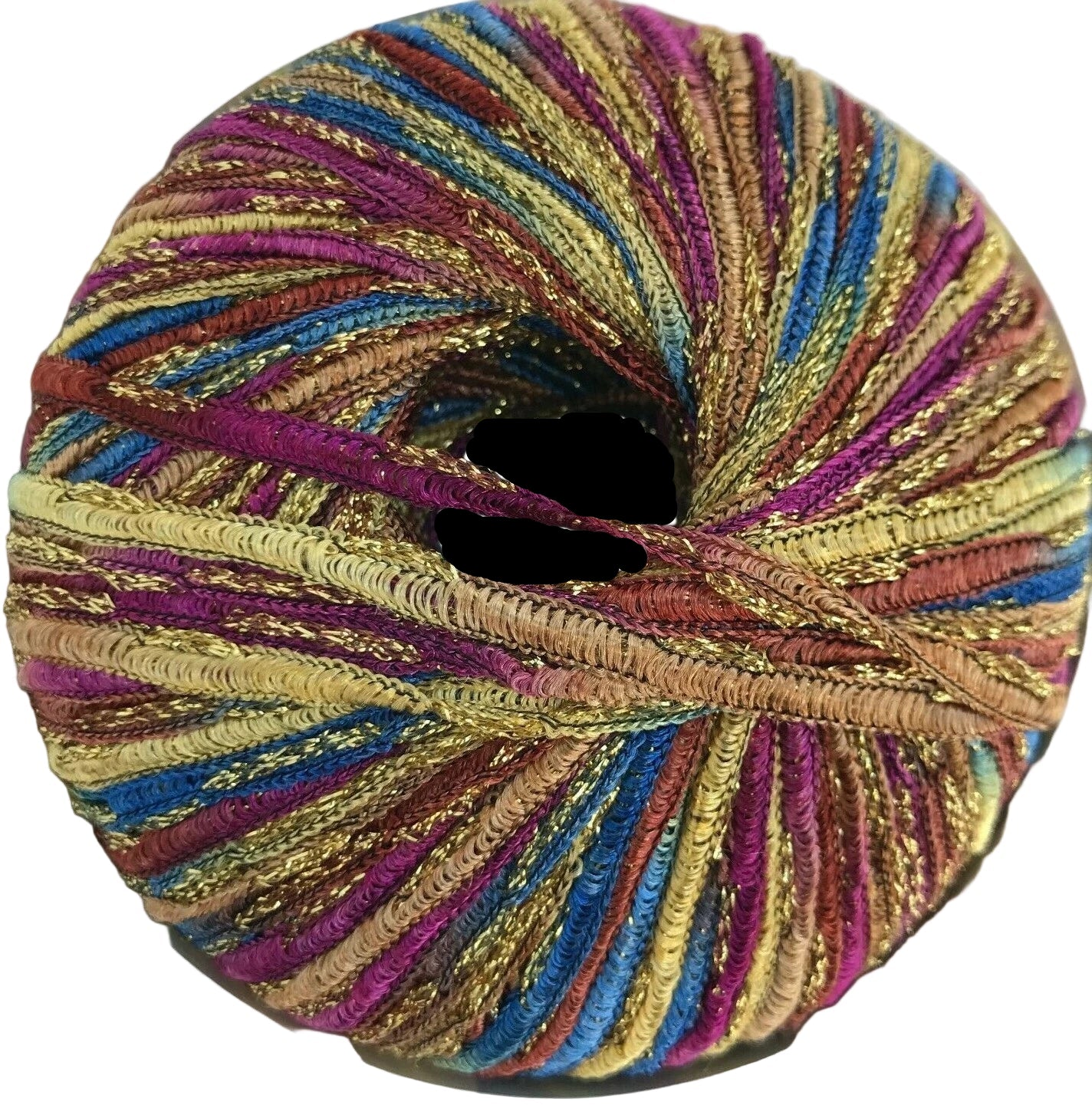 Multicolored yarn ball with a starburst pattern on a white background