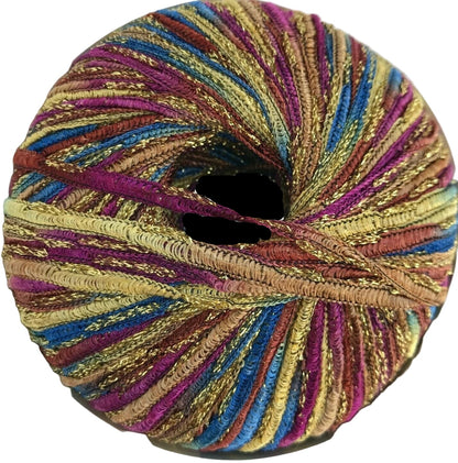 Multicolored yarn ball with a starburst pattern on a white background