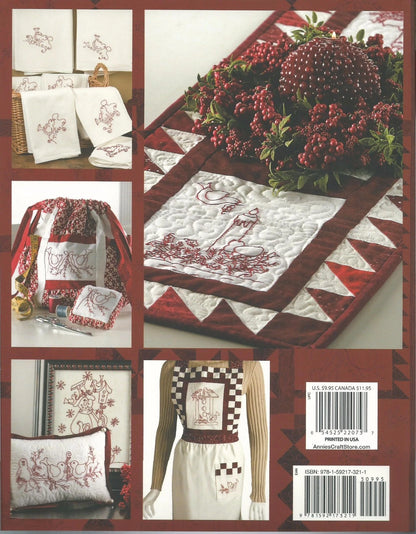 Collage of embroidered items including a table runner, towels, and a pillow with red and white patterns.