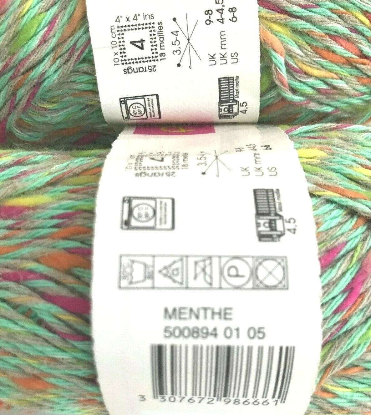 Colorful yarn with label showing brand and product details