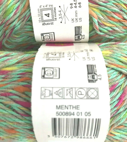 Colorful yarn with label showing brand and product details