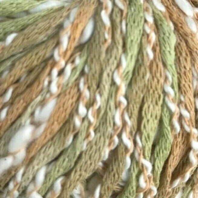 Close-up of green, brown, and white braided yarn.