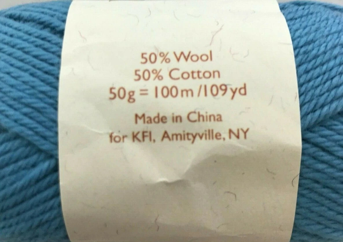 Blue yarn with a label indicating composition and origin
