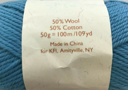 Blue yarn with a label indicating composition and origin