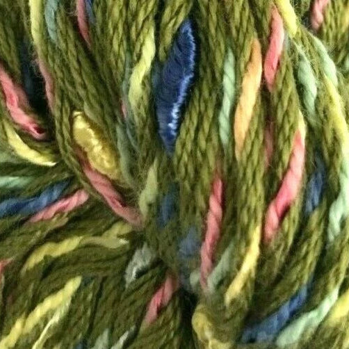 Multicolored skein of yarn on a white background