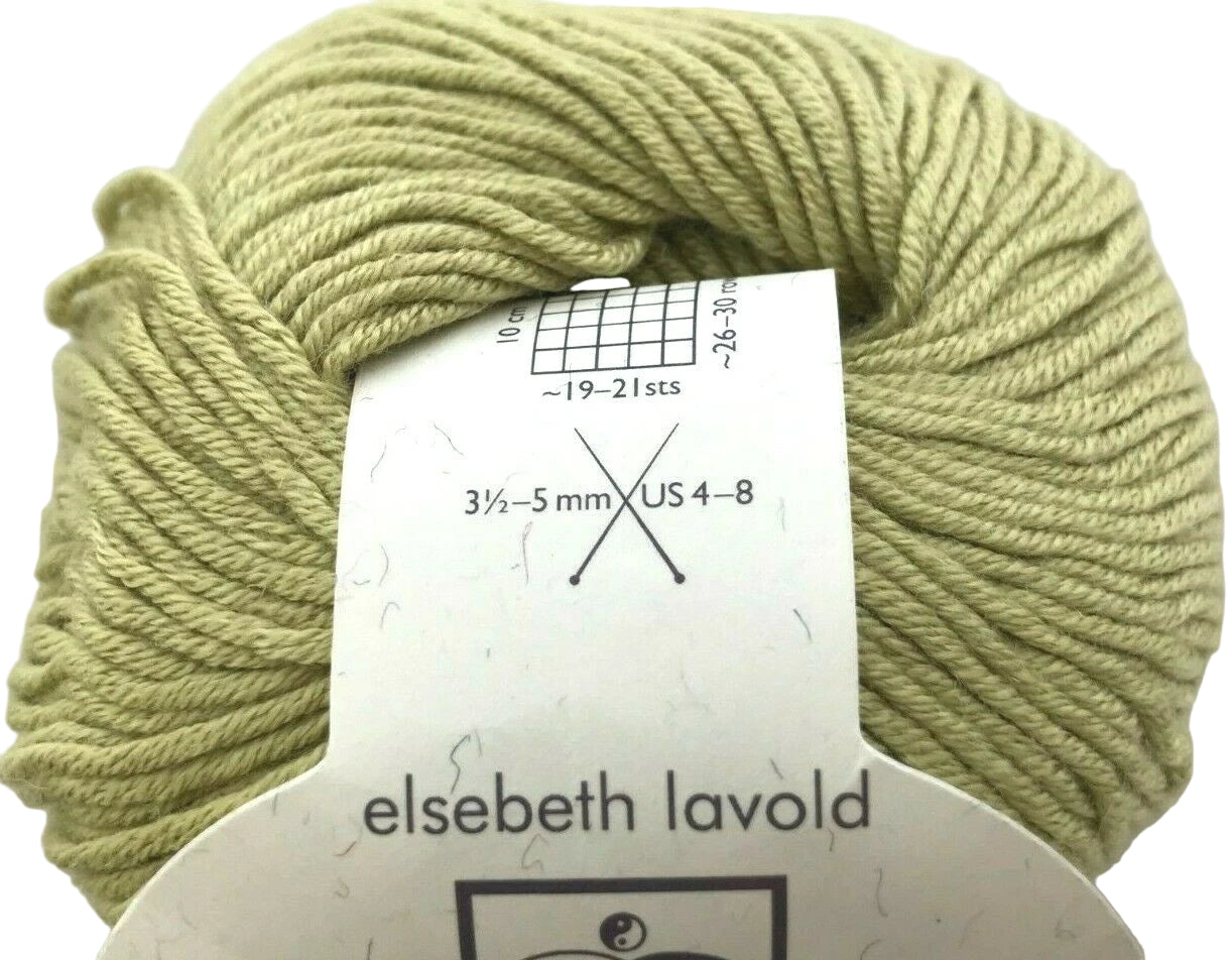 Light green yarn skein with Elsebeth Lavold label on a light gray background