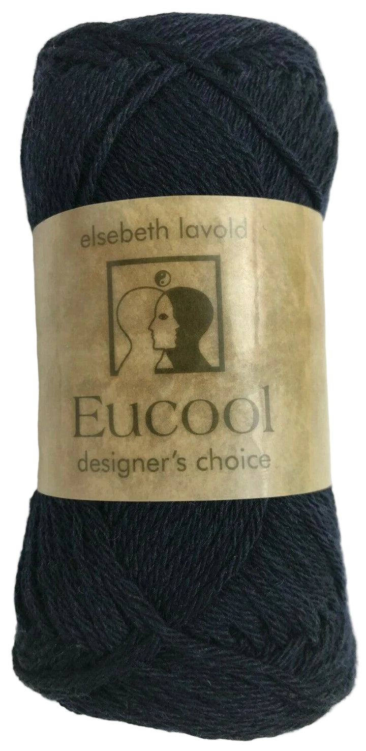 Dark blue yarn skein with 'Elsebeth Lavold Eucool' label on a white background