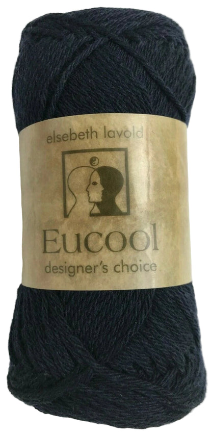Dark blue yarn skein with 'Elsebeth Lavold Eucool' label on a white background