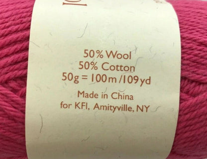 Yarn ball with label indicating composition and origin details