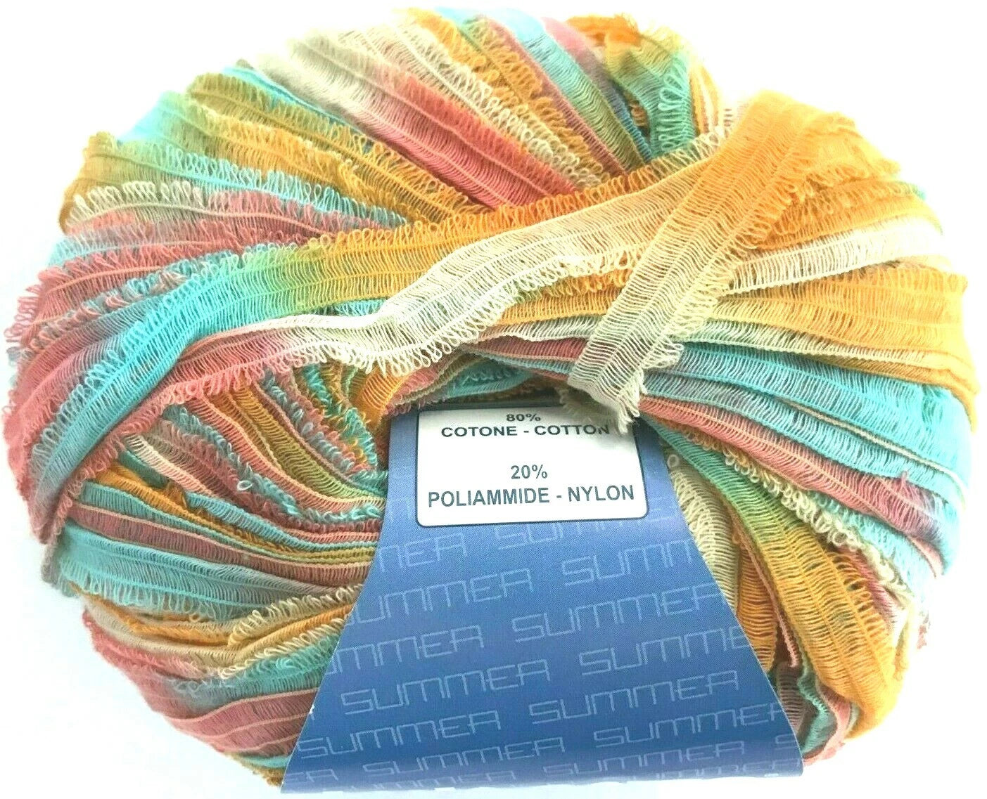 Multicolored yarn ball with a label on a white background