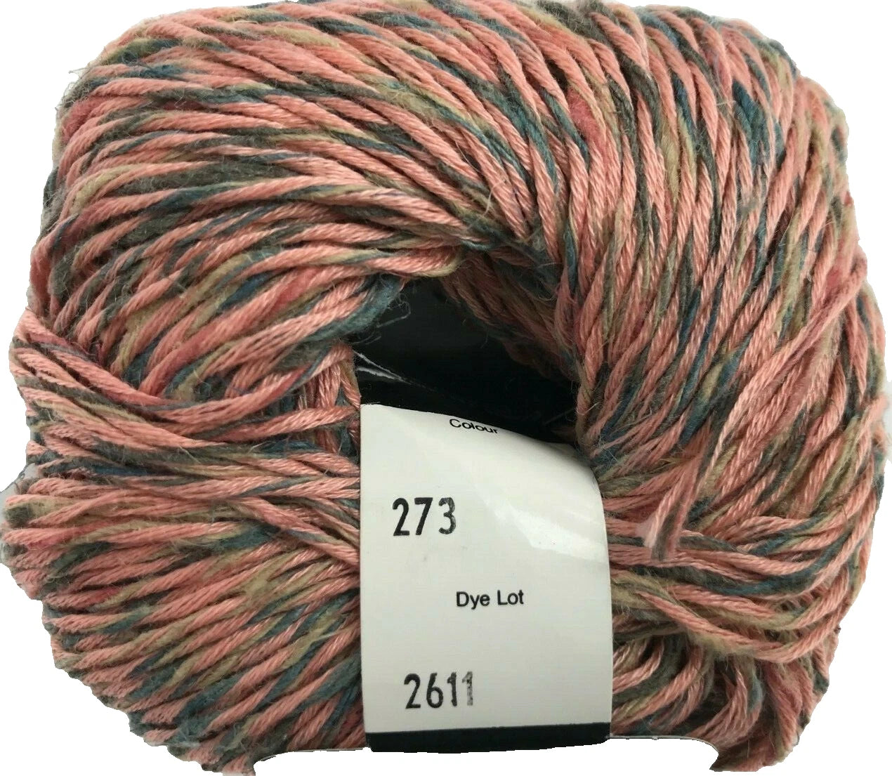 Multicolored skein of yarn with a label on a white background