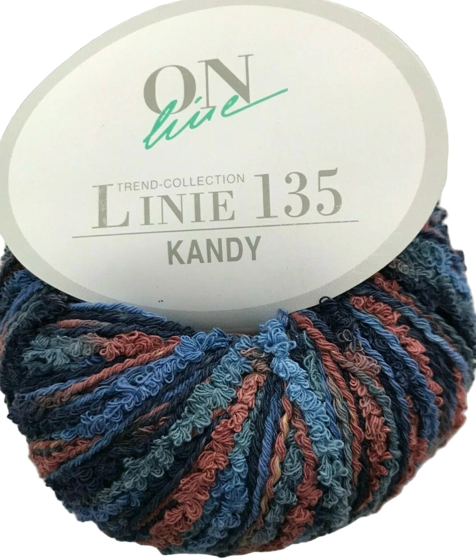 Multicolored yarn ball with a label on a white background