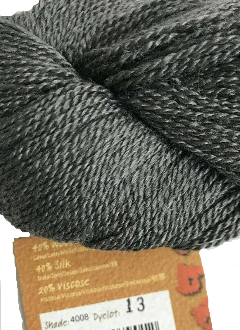 Close-up of gray yarn with a label on a white background