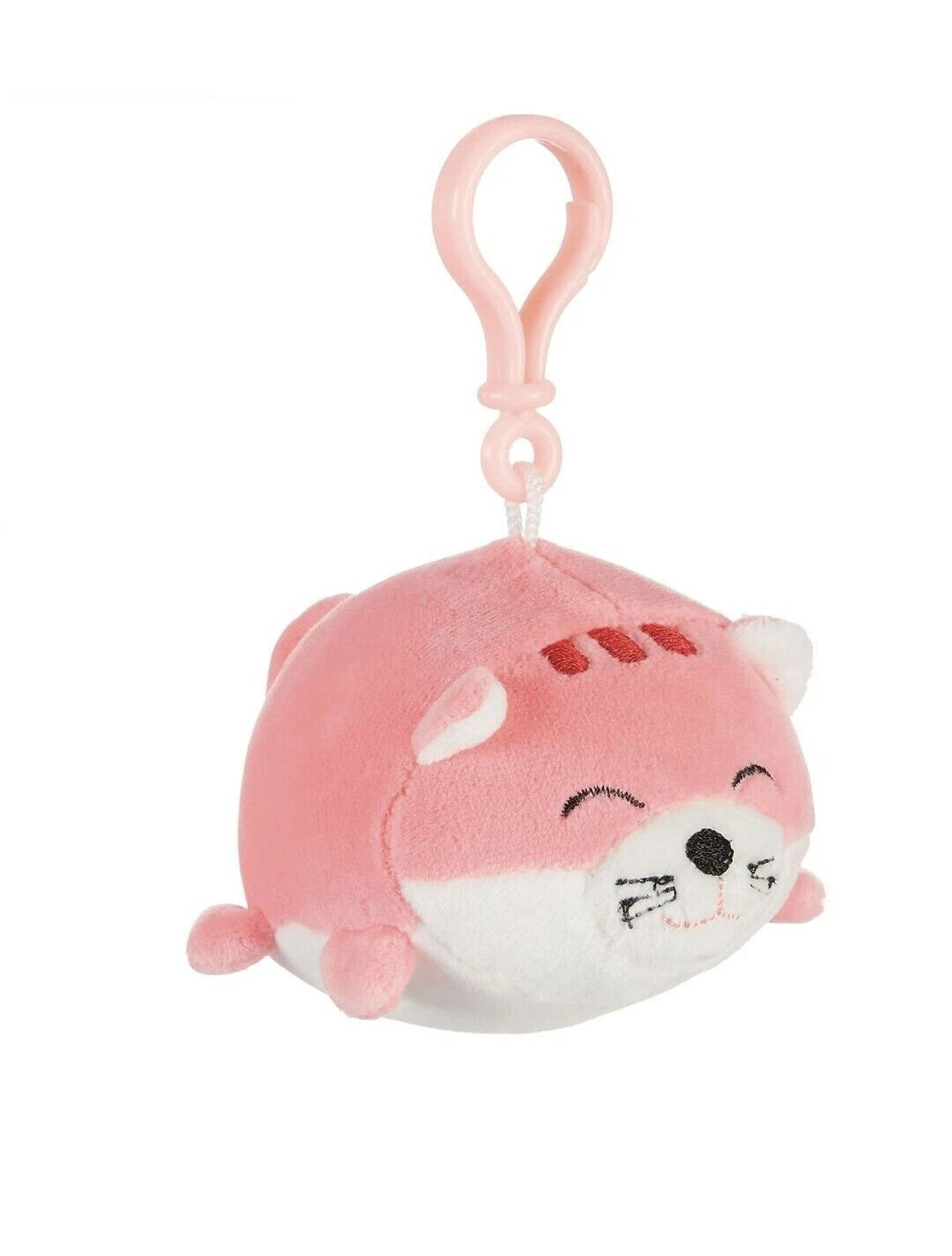 Pink plush toy with a clip on a white background