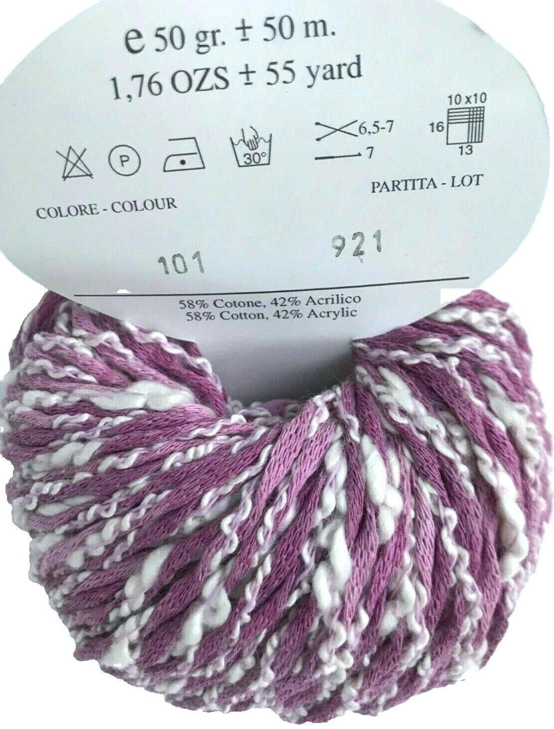 Ball of purple and white yarn with label on a white background