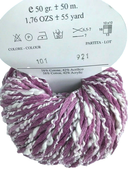 Ball of purple and white yarn with label on a white background
