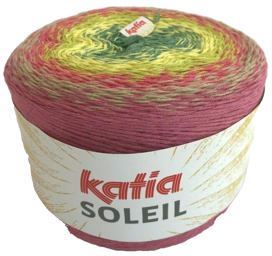 Ball of yarn with multicolor pattern and 'Katia Soleil' label on a white background